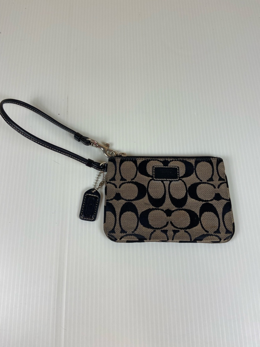 Coach Signature Canvas Zip Coin Purse Card Holder Wristlet Khaki Black